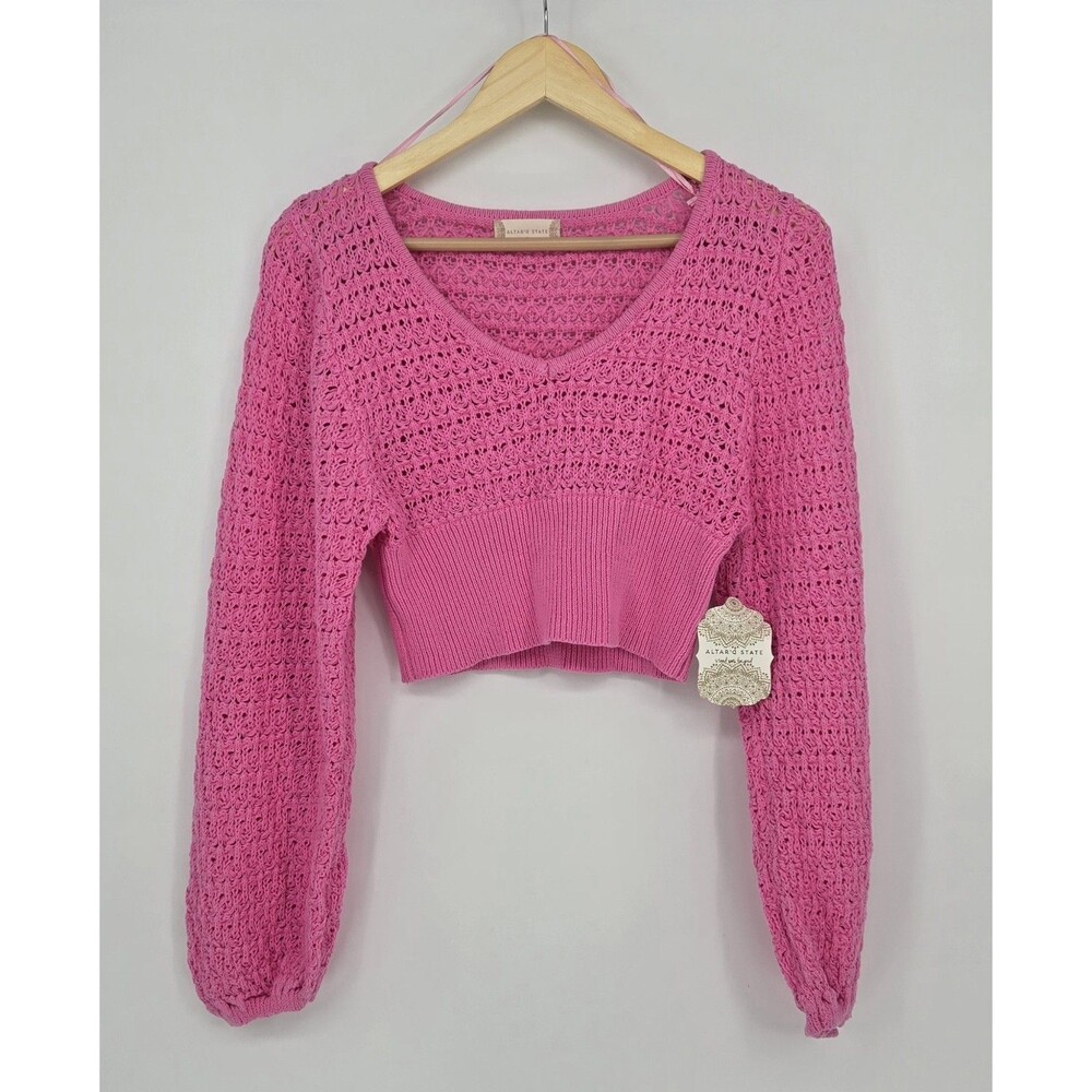 NWT Altar'd State Knit Cropped Pink Sweater Casual Boho Festival Top Womens S